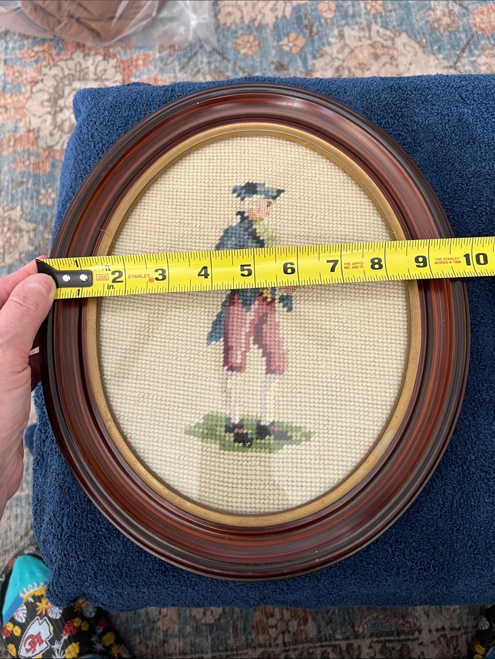 Vintage Needlepoint Framed Colonial Man and Woman Pair - Cream, Gray, Pink, Blue - Picture 11 of 12